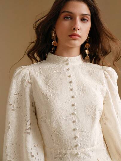 Anewsta 秋季立领灯笼袖收腰花卉刺绣优雅连衣裙