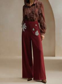 Anewsta Quần ống rộng trang trí kim cương thời trang thanh lịch & thời trang cho nữ dịp Giáng sinh - Gỗ đỏ - Xem 3