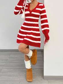 SHEIN EZwear Women Casual Daily Wear Color Block Striped Cable Knit Sweater Dress, Autumn/Winter
