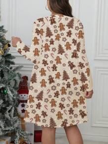 SHEIN LUNE Váy dài tay họa tiết người đàn ông bánh gừng hình bông tuyết cỡ lớn thời trang và thoải mái - Nhiều màu - Xem 2