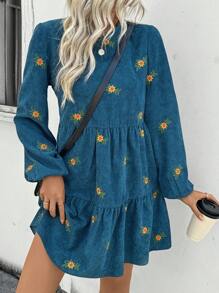 SHEIN LUNE Women Floral Embroidery Ruffle Hem Lantern Sleeve Round Neck Dress, Autumn Fall Cloth For Women - Green - View 6