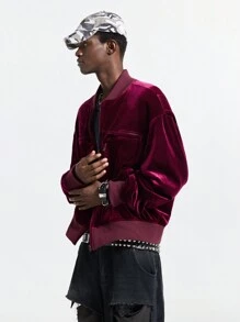 Manfinity VCAY Men's Red Velvet Zipper Casual Street Jacket, Long Sleeve For Autumn/Winter