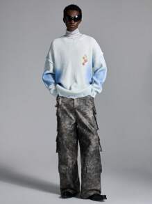 NEON BLANC Men's Loose Fit Crew Neck Ink Splash Print Knit Sweater, For Fall Winter - Blue - View 1