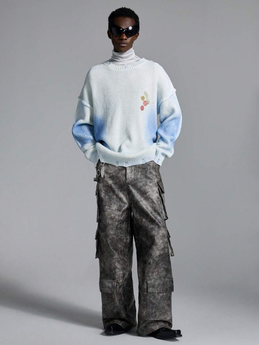 NEON BLANC Men's Loose Fit Crew Neck Ink Splash Print Knit Sweater, For Fall Winter - Blue - View 1