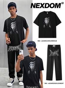 SHEIN 1pc Teen Boys' Casual Street Style Cool Printed Black Knitted Short Sleeve T-Shirt, Suitable For Summer Outings