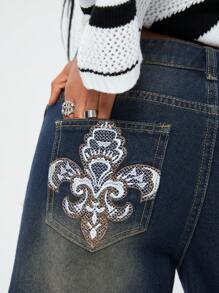 SHEIN EZwear Jeans feminino streetwear Y2K vintage gráficos bordados lavados folgados - Lavagem escura - Ver 1