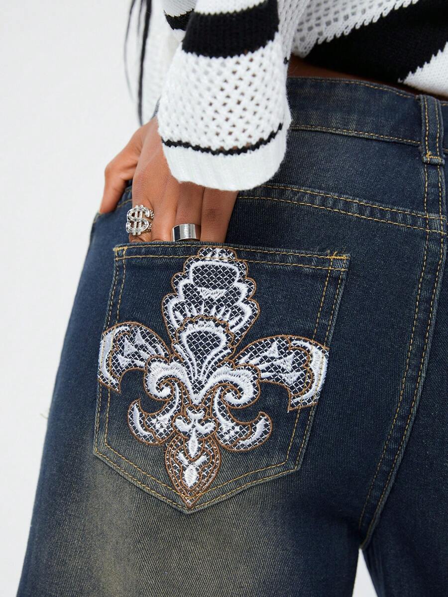 SHEIN EZwear Jeans feminino streetwear Y2K vintage gráficos bordados lavados folgados - Lavagem escura - Ver 1