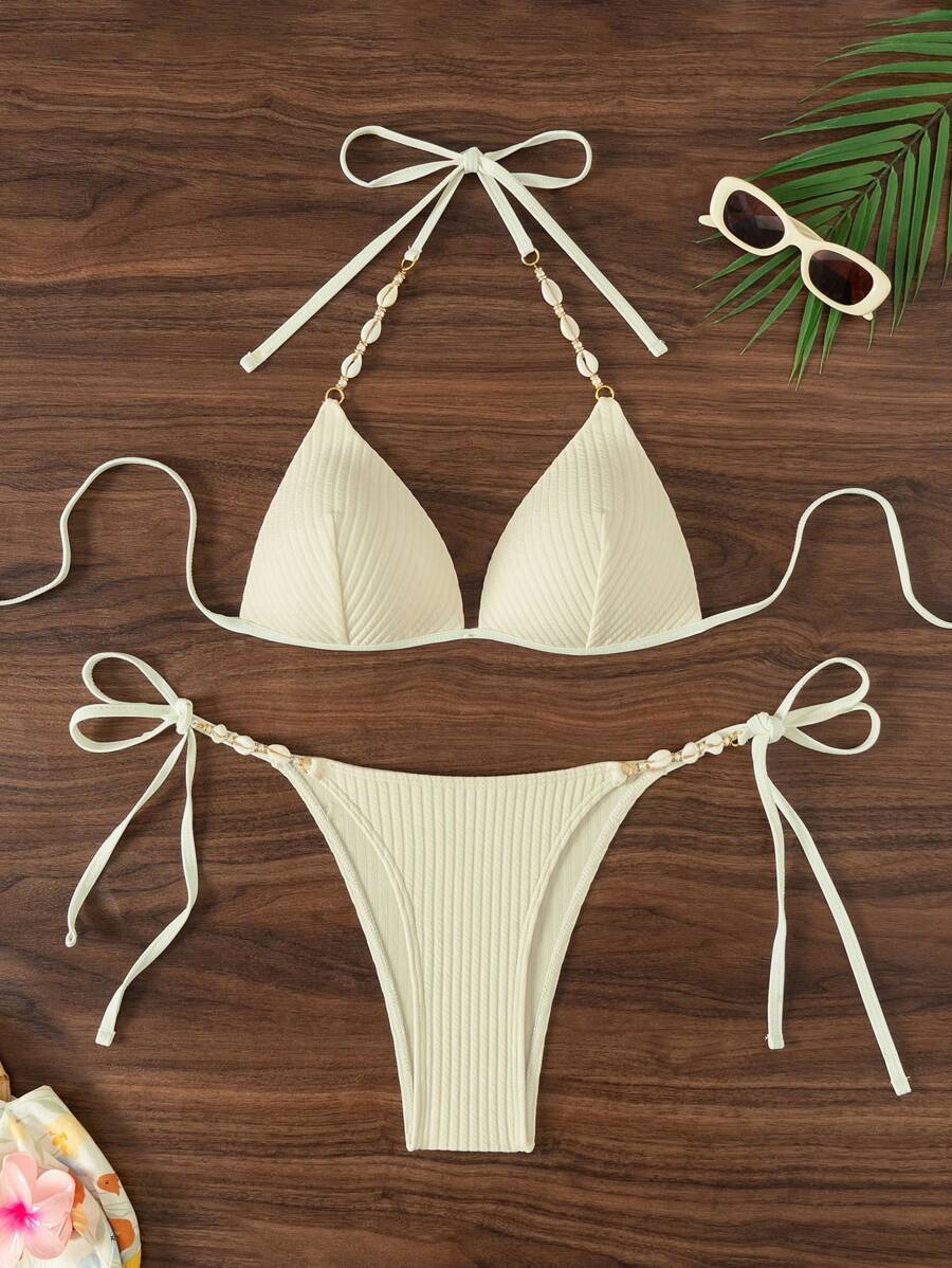 SHEIN Swim 女士贝壳装饰抹胸腰部系带侧边比基尼套装 夏季 - 杏色 - 查看 1