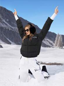 SHEIN EZwear Women's Casual Letter Print Feathers& Down Jacket For Winter - Black - View 3