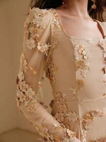 Anewsta Elegant Handmade 3D Floral Women Long Dress, Suitable For Party, New Year Eve And New Year Celebration - Apricot - View 2