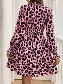 SHEIN Frenchy 女士豹纹立领长袖休闲迷你连衣裙，秋季 - 粉色 - 查看 2