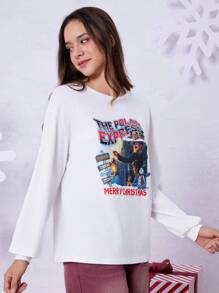 THE POLAR EXPRESS X SHEIN 女士卡通印花 T 恤，圣诞节 - 白色 - 查看 4