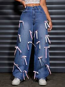 SHEIN SXY Women Loose Fashion Casual Handmade Bow Navy Blue Woven Low Waist Jeans Pants, Suitable For All Seasons - Blue - View 1