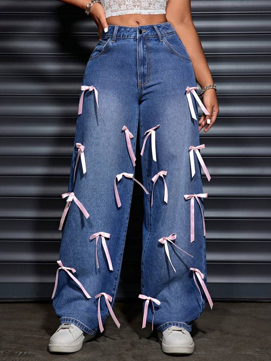 SHEIN SXY Women Loose Fashion Casual Handmade Bow Navy Blue Woven Low Waist Jeans Pants, Suitable For All Seasons - Blue - View 1