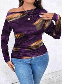 SHEIN Clasi 加大码扎染印花不对称领口长袖 T 恤，适合春秋季图案 T 恤女式春季上衣 - 中紫紅色 - 查看 4