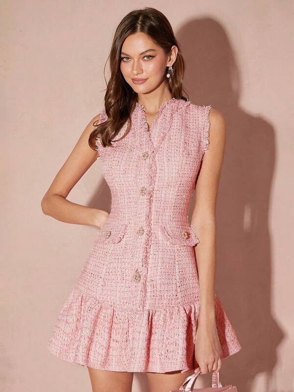 Enchnt Spring/Winter Romantic Women's Pink Sweetheart Cute V-Neck Ruffle Hem Sleeveless Princess Couture Fancy Yarn Tweed Dress, Exquisite Faux Pearl Button Decor, Sweet&Elegant Outfit For Valentine's Day&Christmas Party&New Years&Birthday&Holiday &Sweet Date Night, Dress,Pastel Dresses For Women