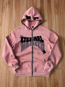 Manfinity Roghcode Áo nỉ trùm đầu họa tiết chữ rộng rãi có lớp lót nhiệt dành cho nam - Bụi hồng - Xem 1