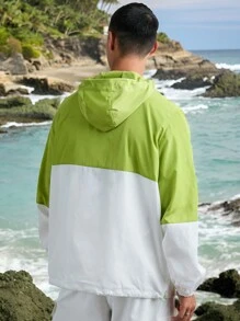 Manfinity VCAY Men's Fashionable Casual Loose Fit Patchwork Long Sleeve Hooded Jacket,Waterproof, Sunscreen And Quick Drying,Patchwork, Green, White, For Fall Winter - Green - View 2