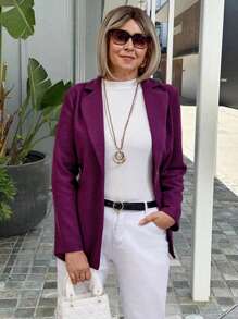 SHEIN LUNE Women Blazer Business Casual Woman Purple Blazer Women's Mid-Length Overcoat For Winter - Red Violet - View 3