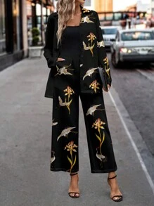 SHEIN Clasi Casual Retro Crane Pattern 2pcs Long Sleeve Set For Women, Suitable For Autumn/Winter - Black - View 4