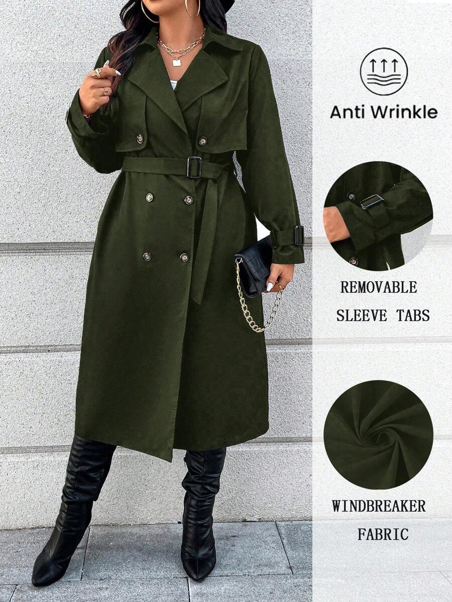 Calvaya Plus Size Solid Color Double-Breasted Belted Casual Trench Coat - Army Green - View 1