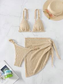 Swim Vcay Women 3pcs Bikini Set With Apricot Color Textured Fabric & Ruffle Trim Summer - Apricot - View 6