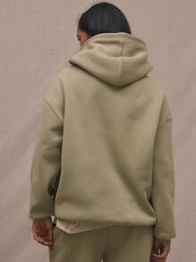 MUSERA Logo Text Embroidery Patch Oversized Hoodie Relaxed Sweatshirt Back To School Winter Cosy Cute Casual Everyday Y2K Streetwear Capsule Wardrobe Olive Green Spring - Grey - View 3