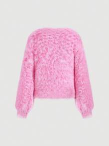 EMERY ROSE 1件女士休闲V领长袖毛绒套头衫，粉白相间，冬季针织套头衫 - 粉色 - 查看 2