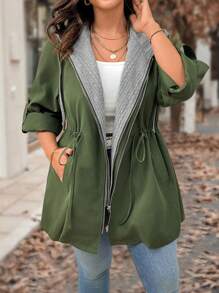 Calvaya Chaqueta informal talla grande 2 en 1 con cintura con cordón y capucha, mangas enrollables - Verde militar - Ver 5