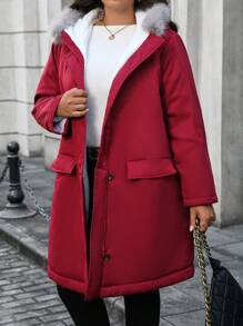 SHEIN Unity Plus Size Women Padded Hooded Coat, With Pockets, Loose Fit, Plush Patchwork Detail, Winter Clothes Fall Cloth For Women - Burgundy - View 6