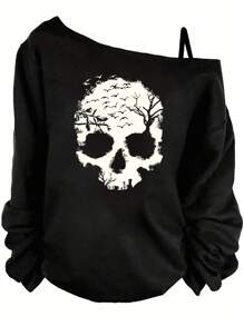 EMERY ROSE Camiseta holgada para mujer de talla grande con estampado de calavera asimétrica y tirantes, para primavera/otoño - Negro - Ver 1