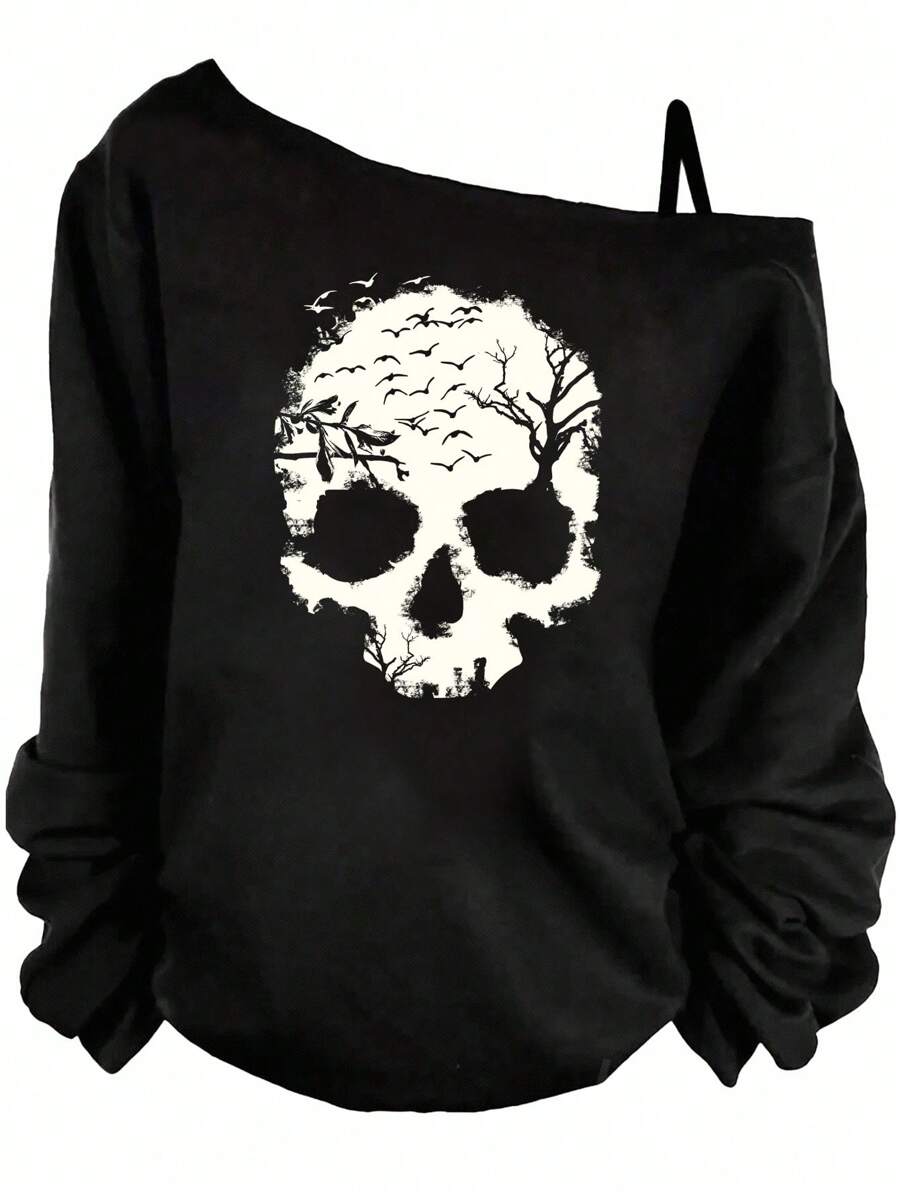 EMERY ROSE Camiseta holgada para mujer de talla grande con estampado de calavera asimétrica y tirantes, para primavera/otoño - Negro - Ver 1