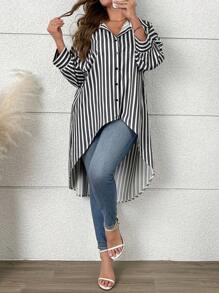 SHEIN LUNE 女士休闲高低宽松条纹衬衫