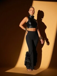 Lumalex 秋冬季感恩节新年感恩节狂欢节正式场合女士高腰3D花朵装饰喇叭紧身裤 - 黑色 - 查看 8