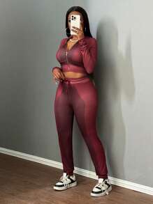 Slaydiva Bộ quần áo hai mảnh đơn giản, giản dị, in họa tiết màu hồng và trắng, có mũ trùm đầu, tay dài, có khóa kéo, quần dài bó, dành cho nữ, mùa thu - M - Màu Đỏ Sâu - Xem 4