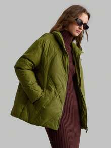 Ontre Olive Green Quilted Loose Casual Christmas Fashionable Padded Jacket, Winter