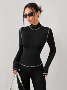SHEIN EZwear Bộ quần áo bó cổ đứng thêu họa tiết tương phản màu đen tập yoga thể thao cho nữ và quần legging - màu đen - Xem 6