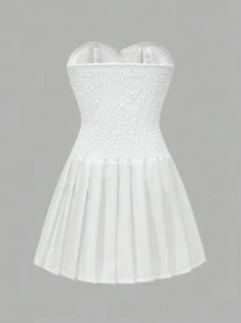 Vestido midi plissado em linha A para adolescentes, estilo francês elegante e sofisticado - Branco - Ver 2