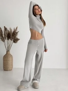 Aloruh New 2pcs Set High Neck Sweater Top With 3D Flower Decor And Straight Leg Pants, Versatile Fall/Winter Outfit - Grey - View 9