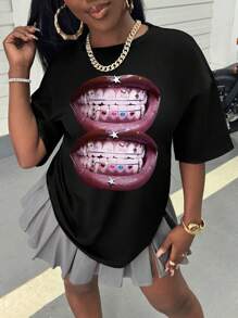 SHEIN Slayr Women's Summer Casual Lip Print Round Neck Short Sleeve T-Shirt