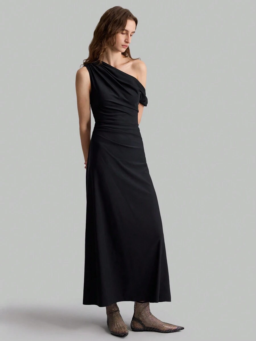 Ontre 2025 春季新款女士优雅不对称露肩长裙，适合派对穿着 - 黑色 - 查看 1