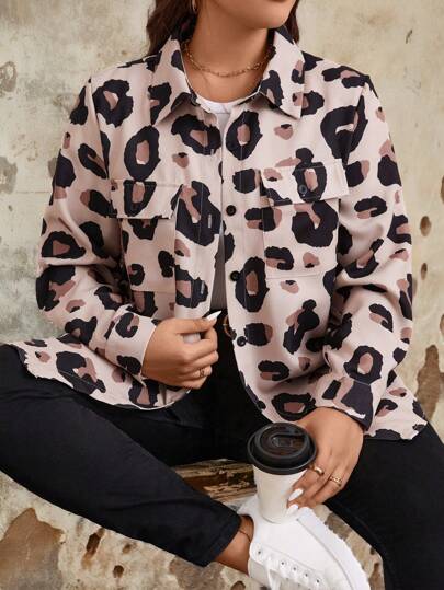 SHEIN LUNE Chaqueta casual de manga larga con bolsillo con solapa con estampado de leopardo para mujer de talla grande, para otoño/invierno y días festivos como Acción de Gracias