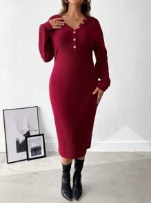 SHEIN LUNE Vestido elegante de manga larga con botones y textura estriada de unicolor para mujer talla grande, otoño