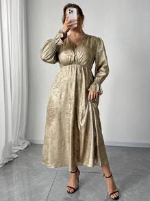 SHEIN Unity Gaun Lengan Panjang Elegan Model Lilitan Leher V Polos Ukuran Plus - Emas - View 1