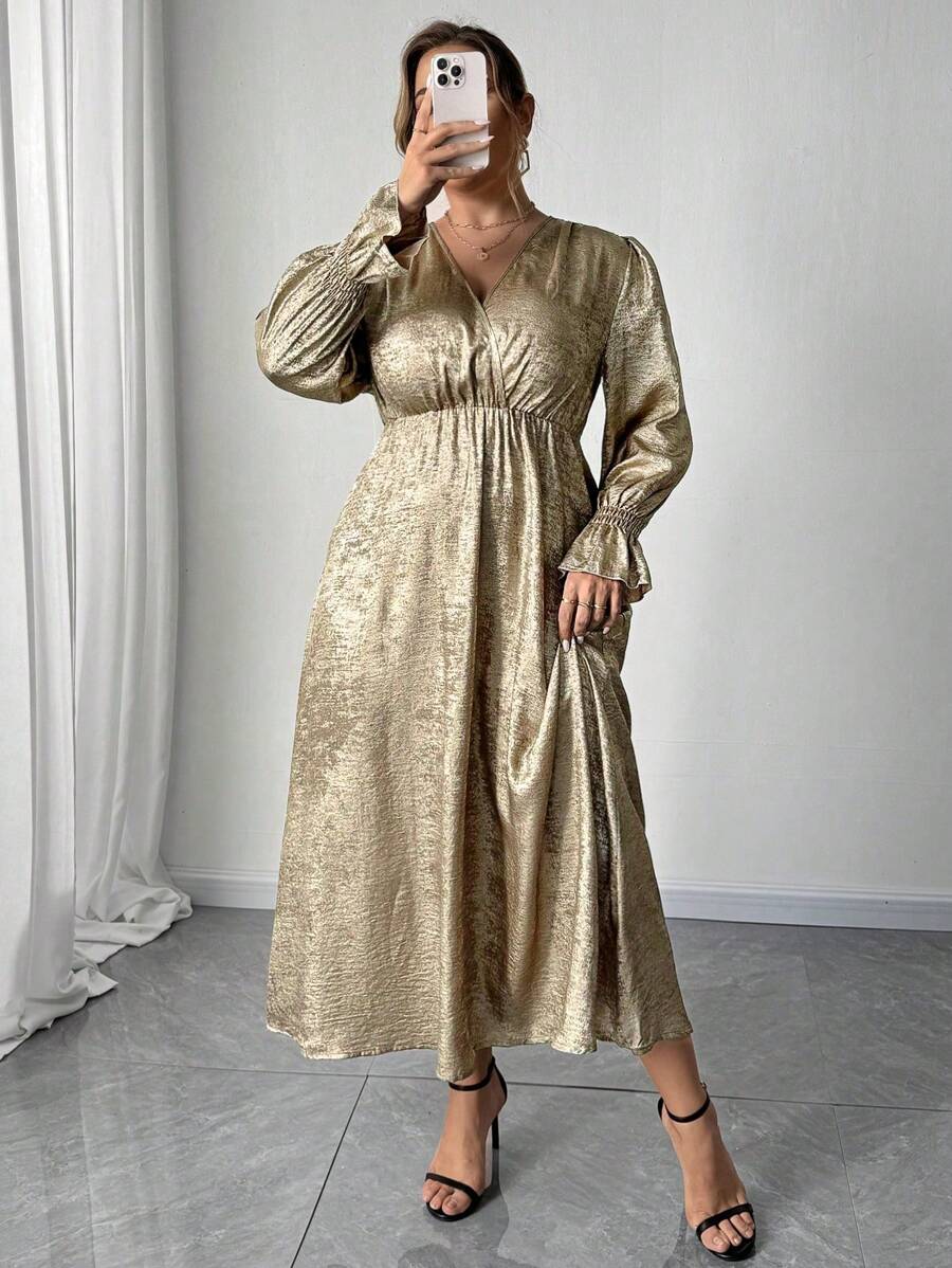 SHEIN Unity Gaun Lengan Panjang Elegan Model Lilitan Leher V Polos Ukuran Plus - Emas - View 1