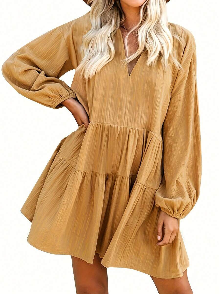 Women's Solid Color V-Neck Ruffle Hem Casual Long Sleeve Mid-Length Dress - Yellow - View 1