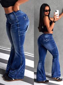 SHEIN ICON Women Front Button Minimalist Denim Jeans, Casual Daily Wear - Blue - View 1
