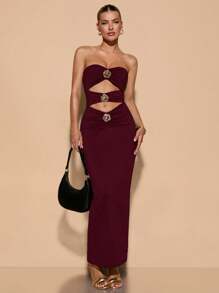 SHEIN BAE 女士秋季金属花朵装饰紧身性感露背无袖连体裤连衣裙 - 酒紅色 - 查看 6