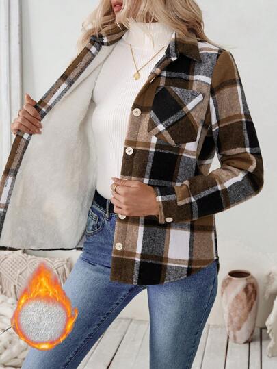 LanaWest Chaqueta casual de botones con estampado a cuadros de manga larga y bolsillo, camisas casuales de uso diario para mujer, tops de manga larga