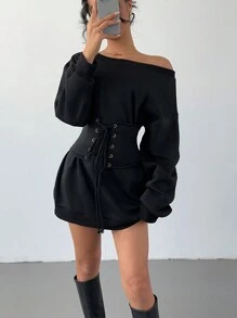 Chiquease 1 Áo nỉ vai chéo cho nữ có dây rút eo có thể tháo rời, áo hoodie dài tay lót nhiệt phong cách tối giản giản dị để mặc hàng ngày - màu đen - Xem 8